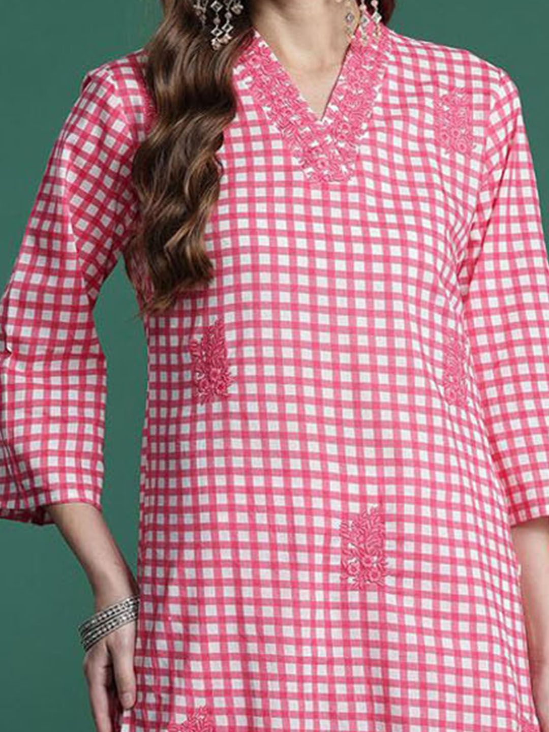 Dhiyona IE Embroidered Checked Pure Cotton V-Neck Straight Top With Trousers Co-Ords