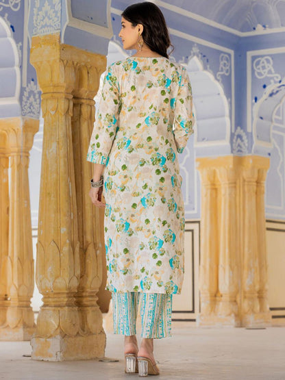 Dhiyona VA Women'sFloral Printed Regular Beads and Stones Kurta with Trouser & Dupatta