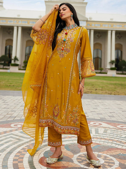 Women Ethnic Motifs Embroidered Regular Mirror Work Kurta with Trousers & With Dupatta