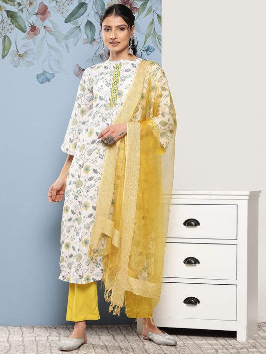 Dhiyona VA Women'sFloral Printed Thread Work Kurta with Trousers & Dupatta