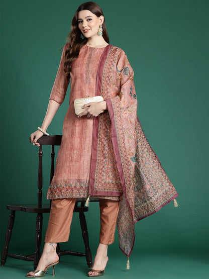 Dhiyona IE Ethnic Motifs Printed Thread Work Chanderi Silk Kurta With Trousers & Dupatta