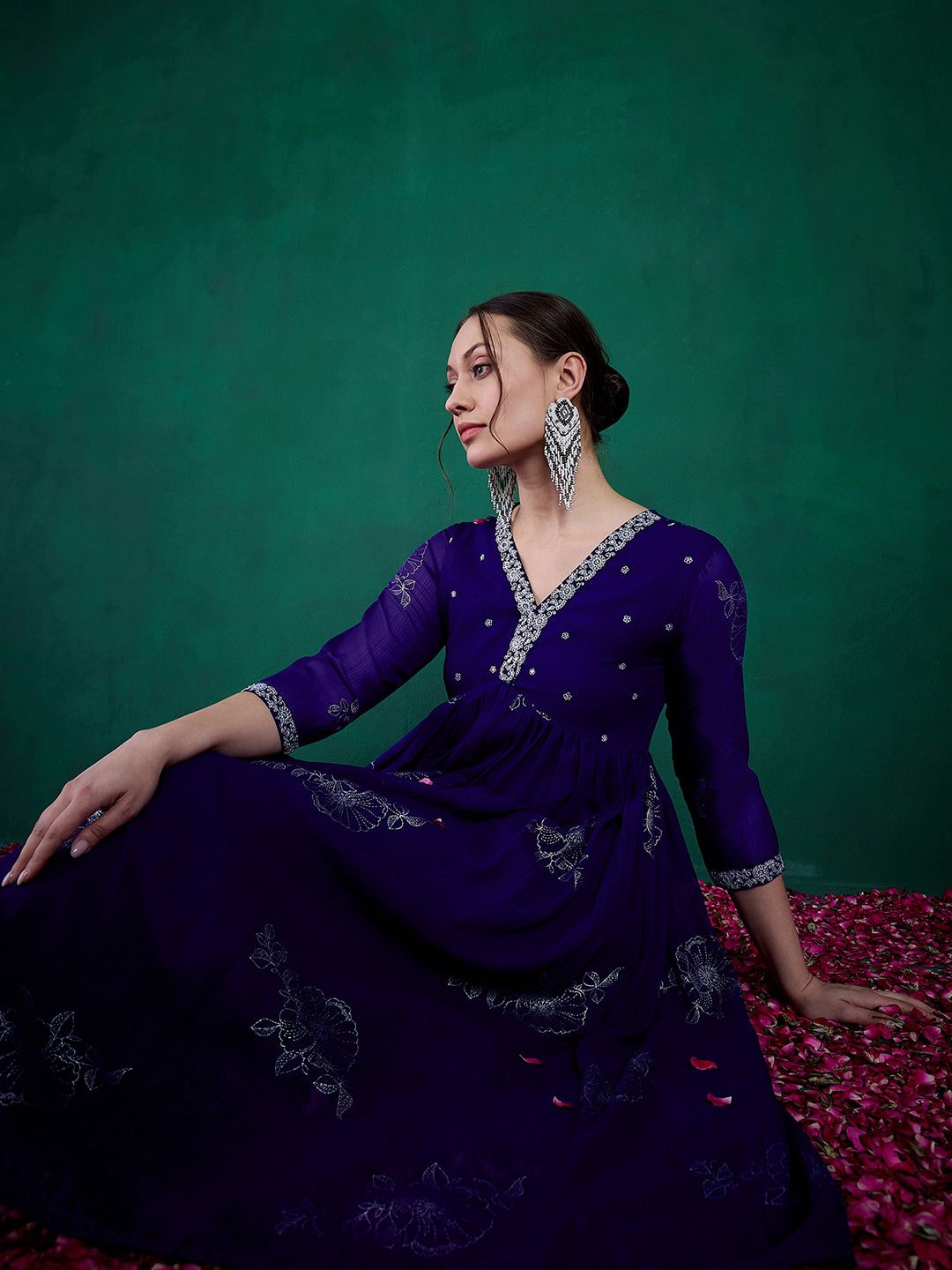 Dhiyona SN Women's Floral Printed Embroidered Anarkali Kurta With Trouser