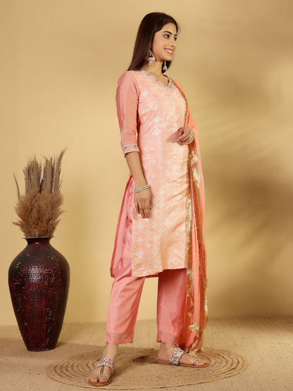 Dhiyona VA Women'sEthnic Motifs Woven Design Regular Zari Kurta With Trousers & Dupatta