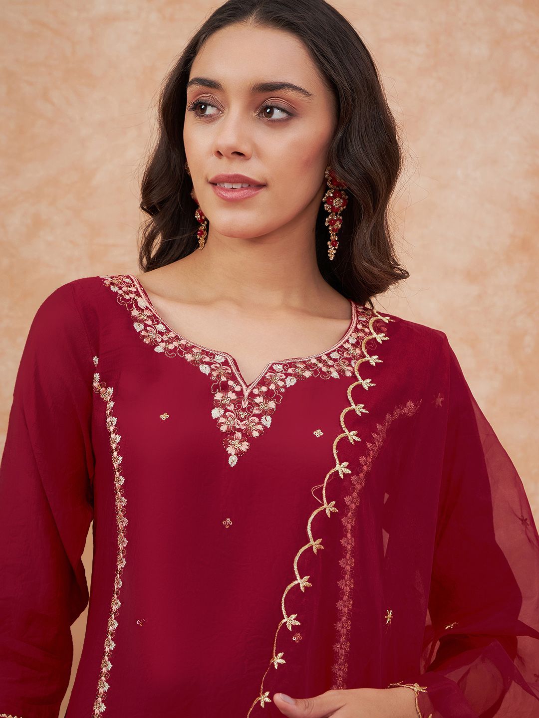 Dhiyona SN Women's Maroon Floral Embroidered Straight Kurta With Trousers & Dupatta