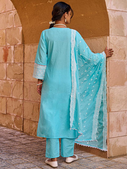 Floral Embroidered Thread Work Pure Cotton Straight Kurta With Trousers & Dupatta