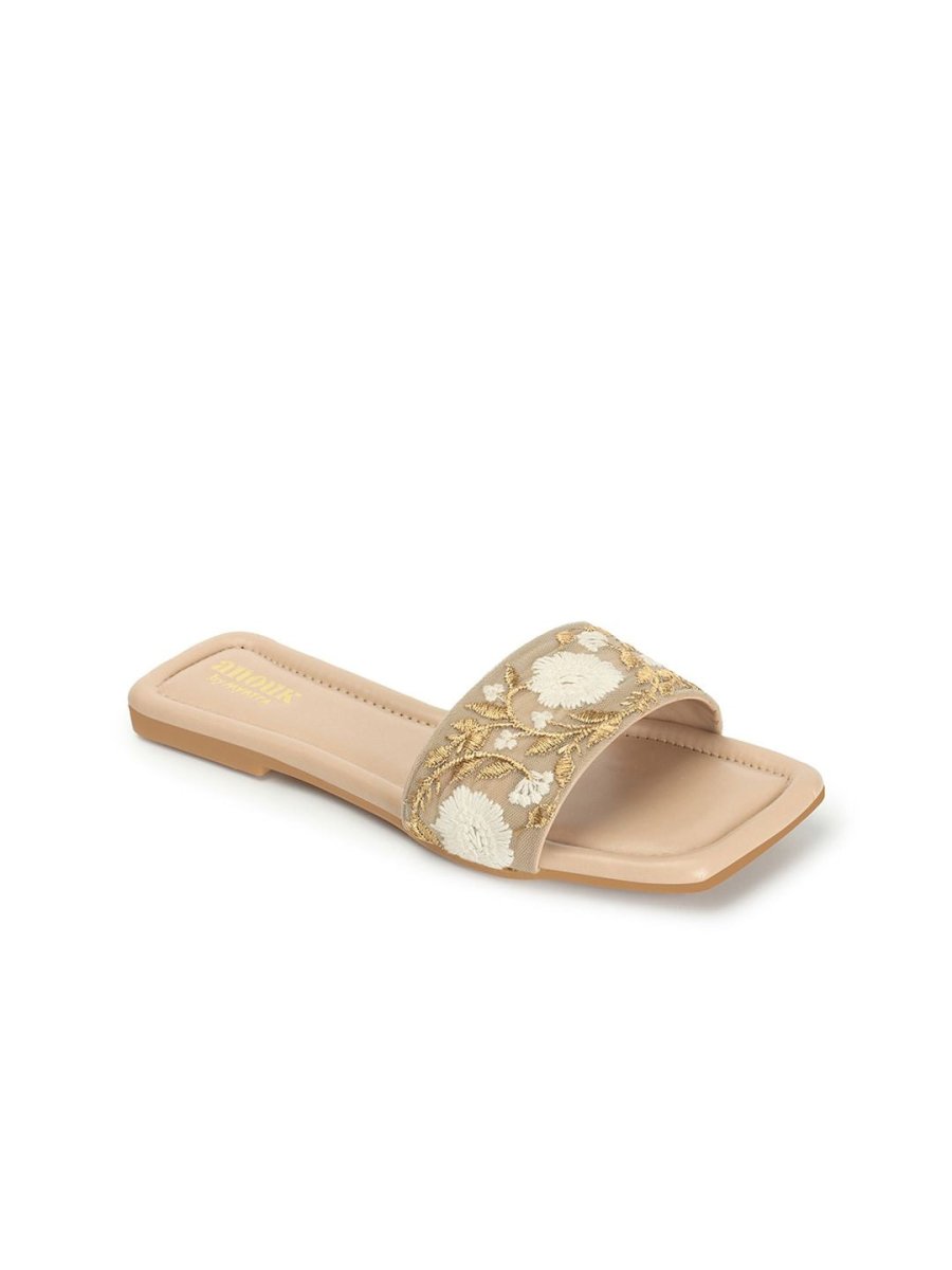 Dhiyona AK Beige Floral Embroidered Open Toe Flats