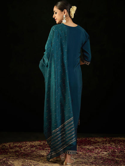 Dhiyona IE Round Neck Embroidered Sequinned Chanderi Silk Kurta with Trouser & Dupatta