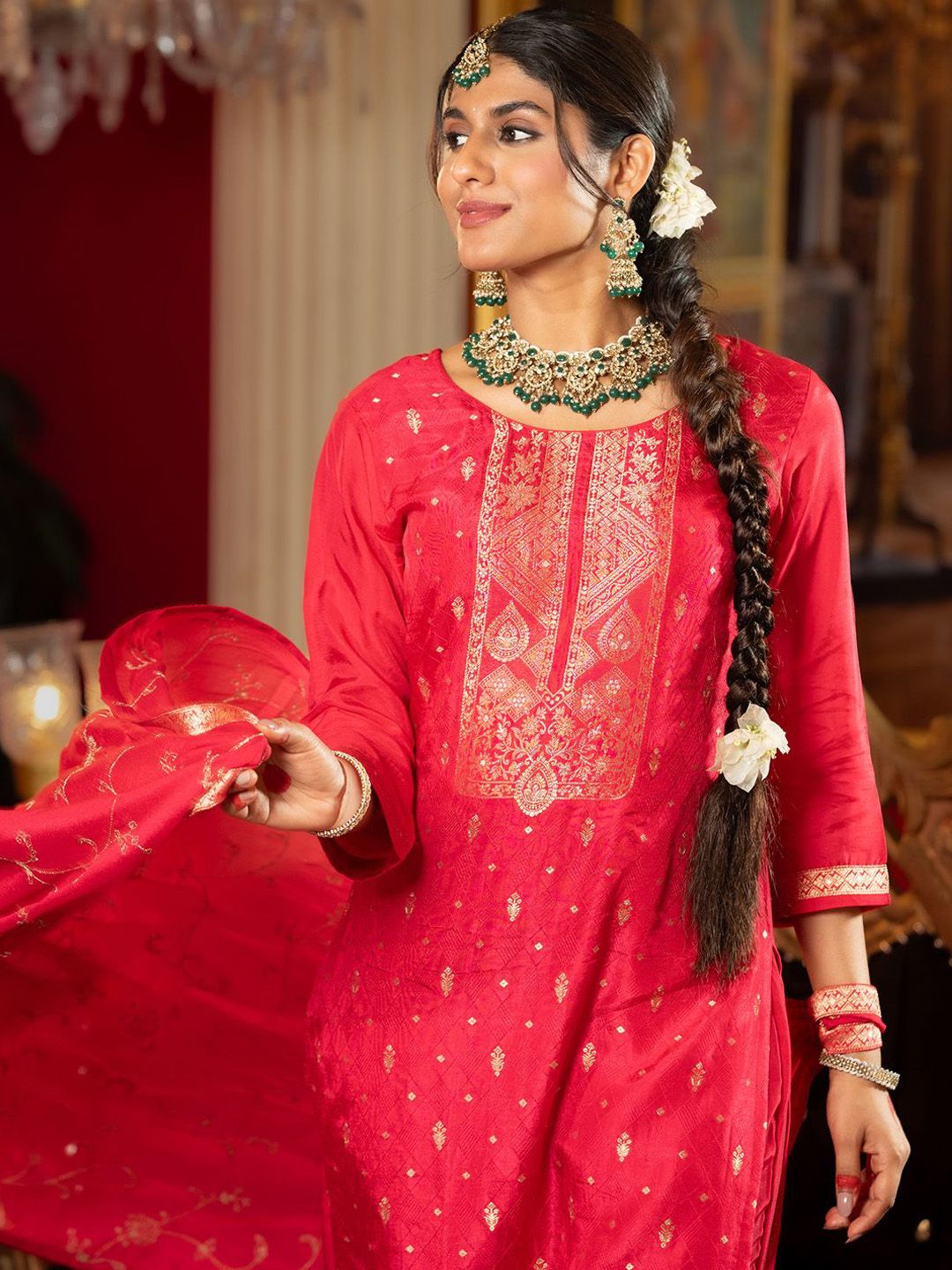 Women Ethnic Motifs Regular Kurta with Trousers & With Dupatta