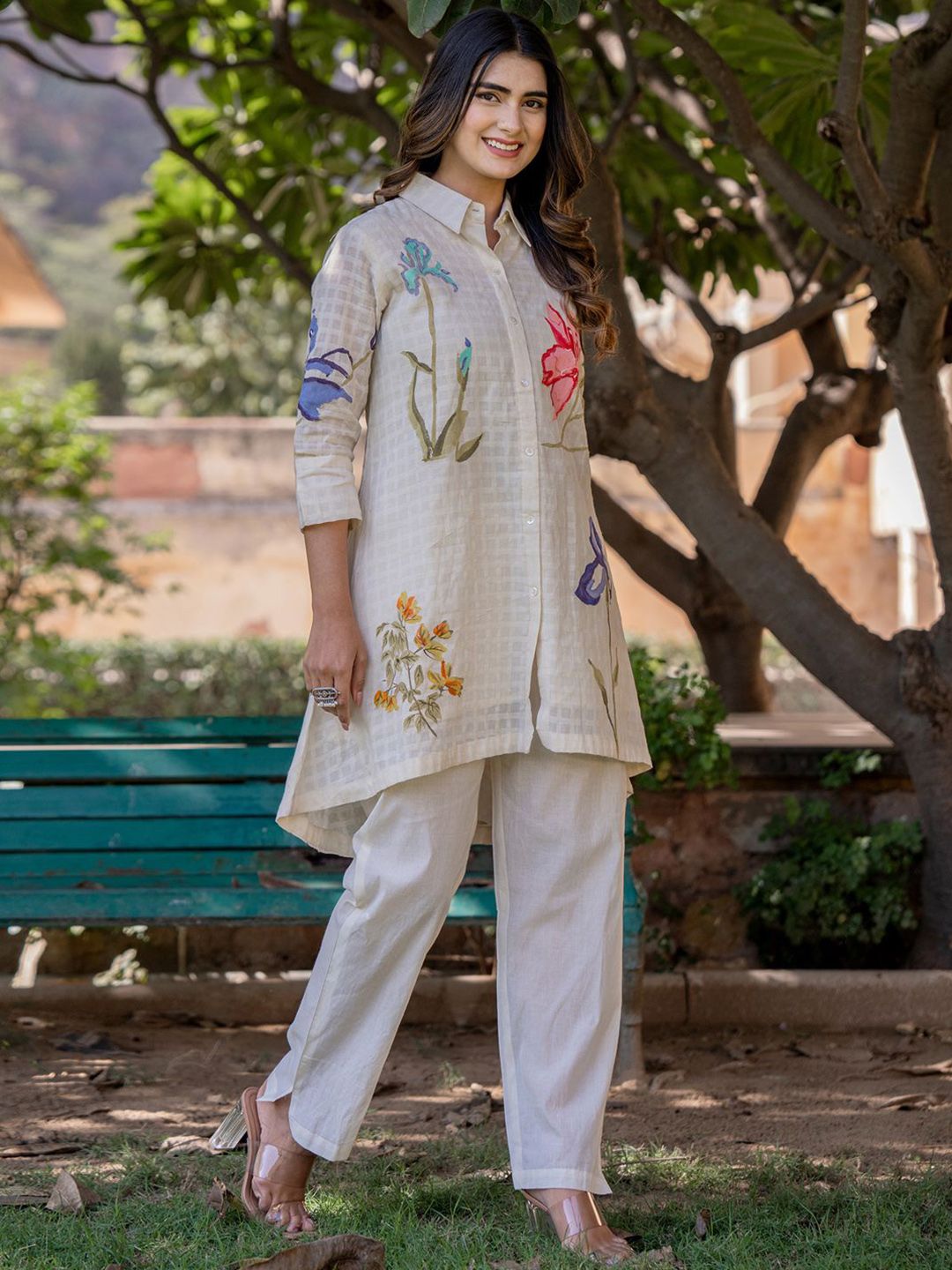 Dhiyona IE Floral Printed Shirt Collar Pure Cotton Tunic With Trouser