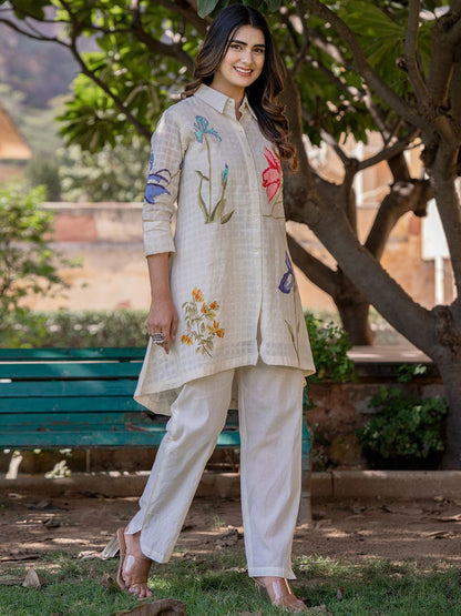 Dhiyona IE Floral Printed Shirt Collar Pure Cotton Tunic With Trouser