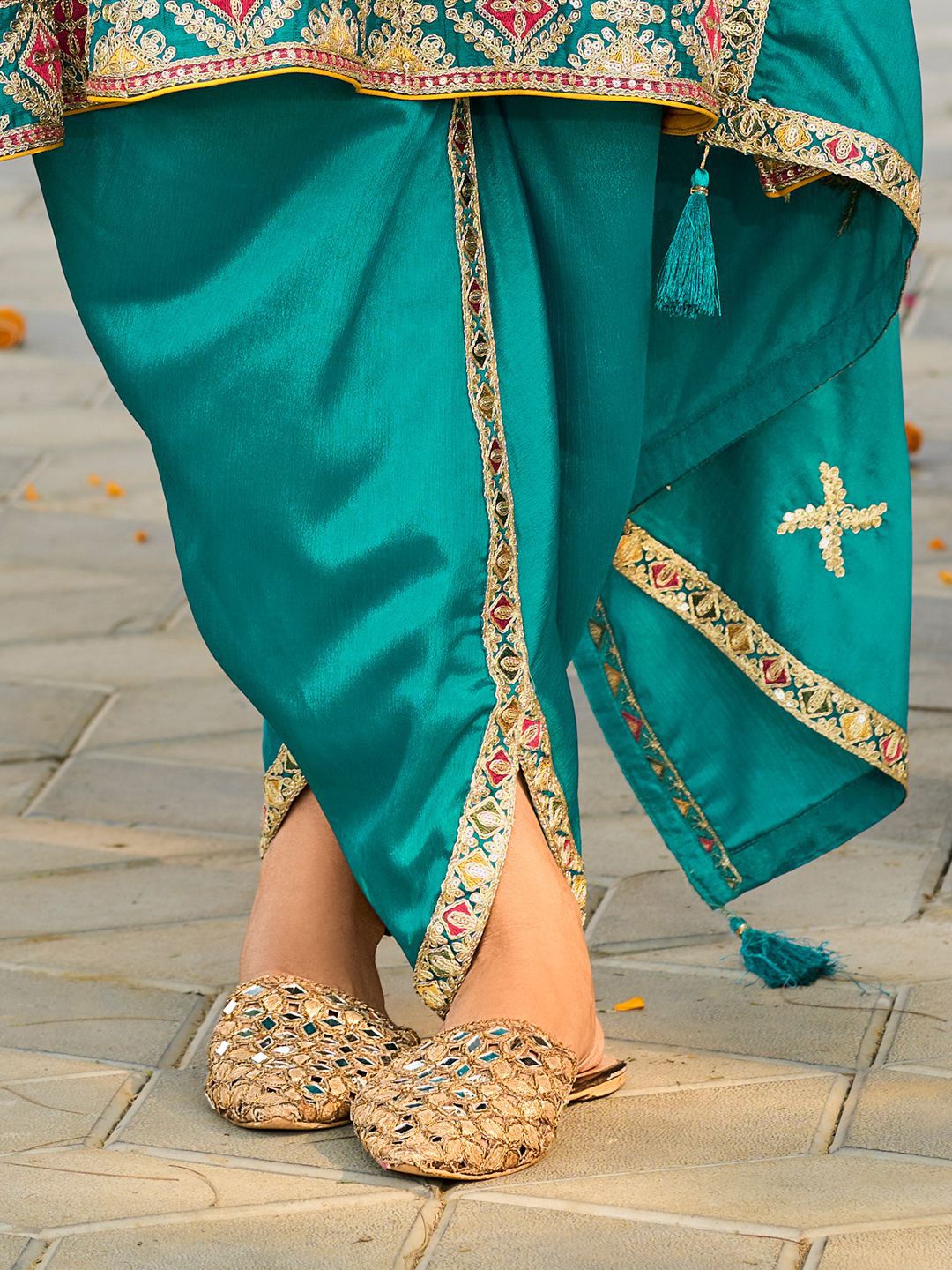 Floral Embroidered Mirror Work Sequinned Anarkali Kurta With Dhoti & Dupatta