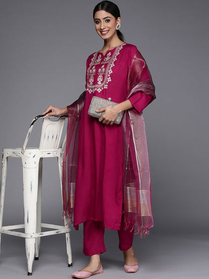 Dhiyona VA Women's Maroon Yoke Design Mirror Work Kurta with Trousers & Dupatta