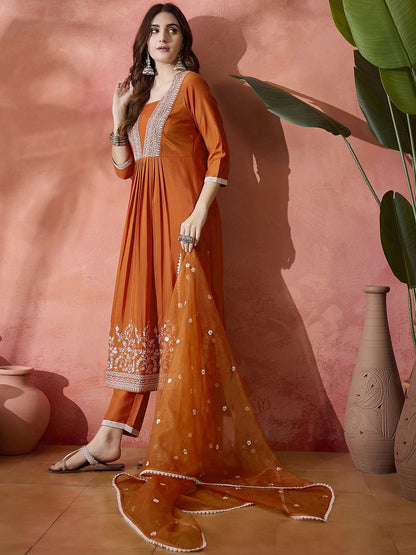 Dhiyona SN Women's Orange Floral Embroidered Pleated Thread Work A-Line Kurta With Trouser & Dupatta