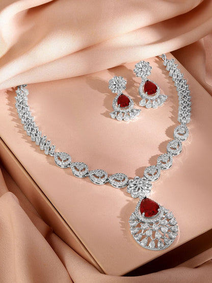 Dhiyona RJ Women's Rhodium-Plated Ruby Red AD & Cubic Zirconia Studded Necklace Set