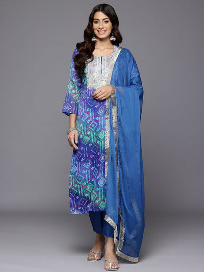 Dhiyona VA Women'sBandhani Embroidered Sequinned Silk Georgette Kurta With Trousers & Dupatta