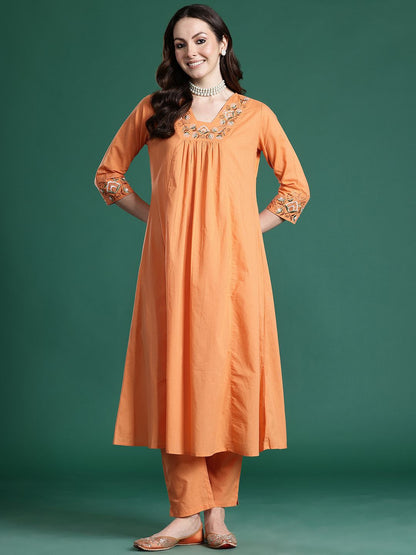 Ethnic Motifs Embroidered Pure Cotton Kurta with Trousers