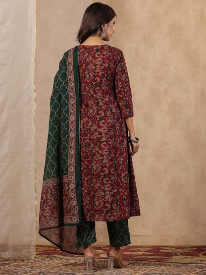 Dhiyona SN Women's Floral Printed Pure Cotton Straight Kurta With Trouser & Dupatta