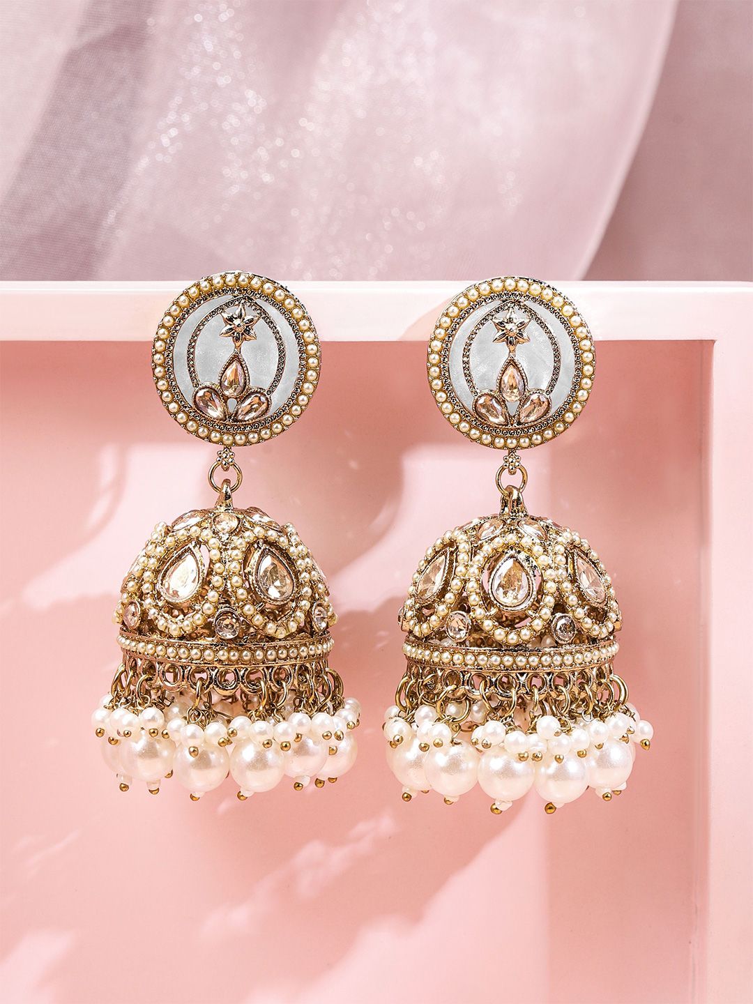 Dhiyona RJ Women's 18K Gold-Plated Kundan Studded Dome-Shaped Jhumka Earrings with Pearl Bead Accents
