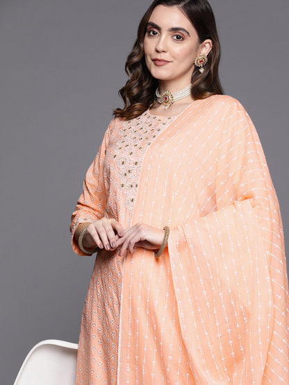 Women Peach-Coloured Embroidered Mirror Work Kurta with Trousers & Dupatta