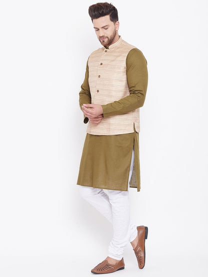 Men's Mehendi Green Cotton Blend Straight Jacket  Kurta and Pyjama Set