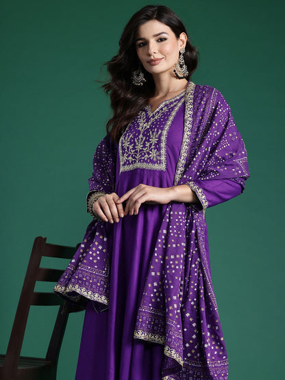 Embroidered Sequinned Kurta With Trousers & Dupatta