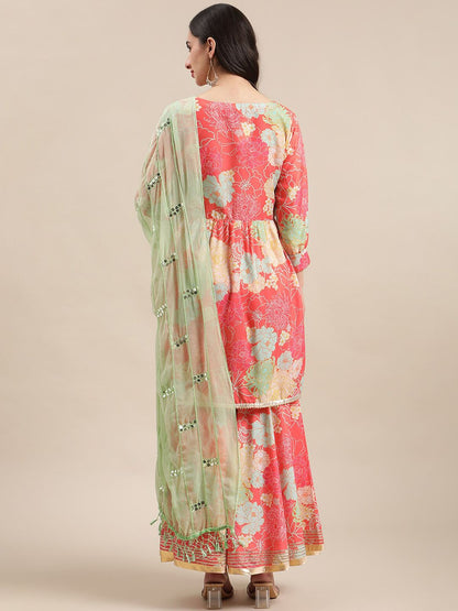 Dhiyona VA Women's Coral Floral Printed Empire Kurta with Sharara & With Dupatta