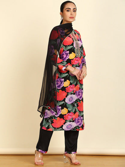 Dhiyona SO Women's Floral Printed Mirror Work Kurta with Trousers & With Dupatta