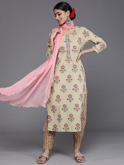 Dhiyona VA Women's Green & Pink Floral Printed Pure Cotton Kurta with Trousers & Dupatta