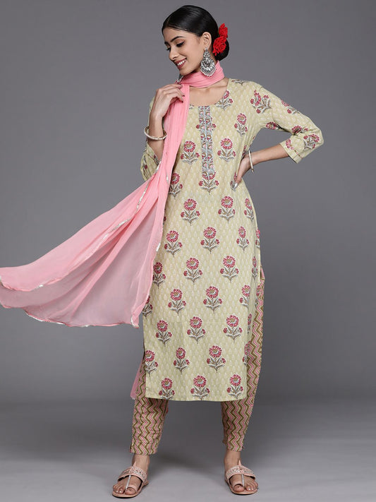 Dhiyona VA Women's Green & Pink Floral Printed Pure Cotton Kurta with Trousers & Dupatta
