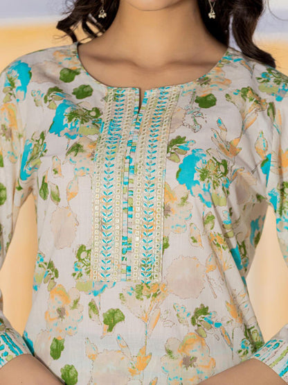 Dhiyona VA Women'sFloral Printed Regular Beads and Stones Kurta with Trouser & Dupatta
