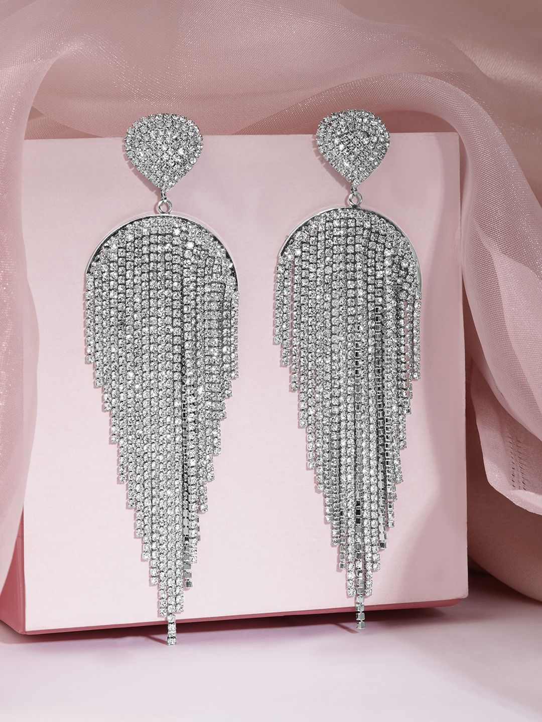 Dhiyona RJ Women's Rhodium Plated Multilayered Drop Earrings