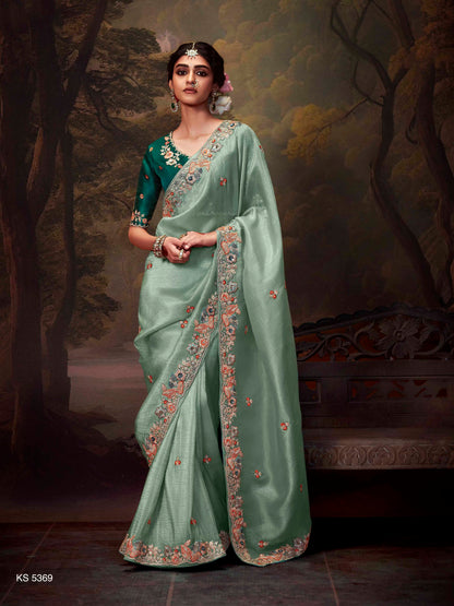 Dhiyona KM Women Regal Sea Green Tissue Silk Saree With Intricately Embroidered Bottle Green Blouse