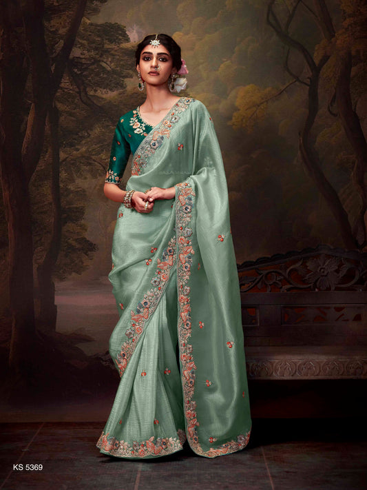 Dhiyona KM Women Regal Sea Green Tissue Silk Saree With Intricately Embroidered Bottle Green Blouse