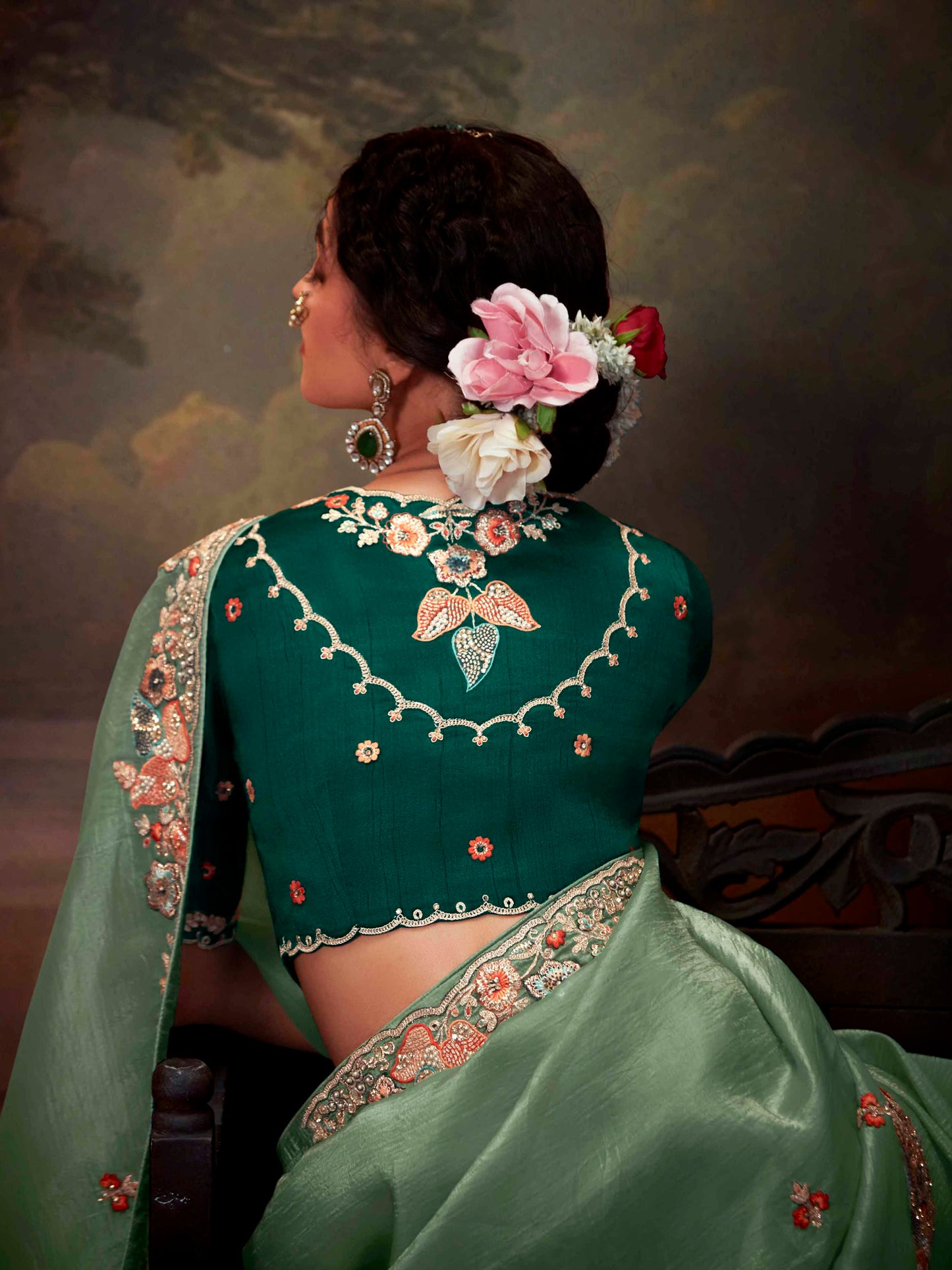 Dhiyona KM Women Regal Sea Green Tissue Silk Saree With Intricately Embroidered Bottle Green Blouse
