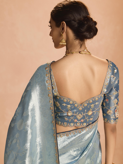 Dhiyona KM Women Elegant Grey Kanjivaram Silk Saree With Embroidered Blouse