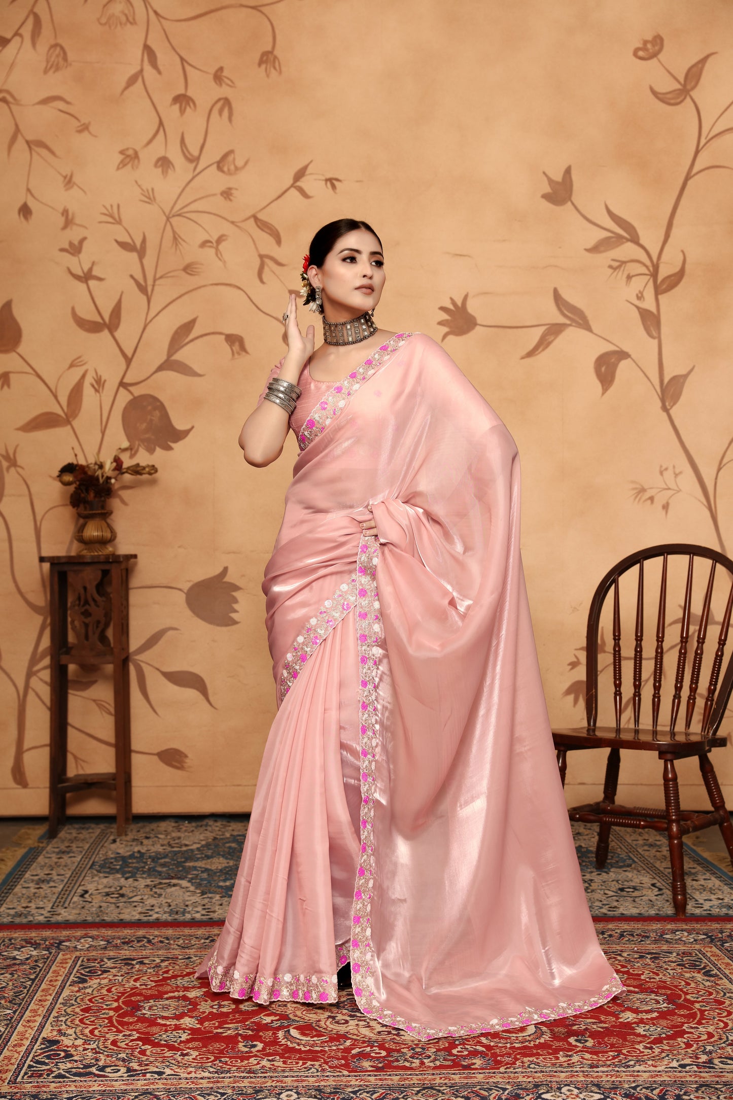Dhiyona GR Women's Armani Pink Jimmi Choo Embroidered Saree