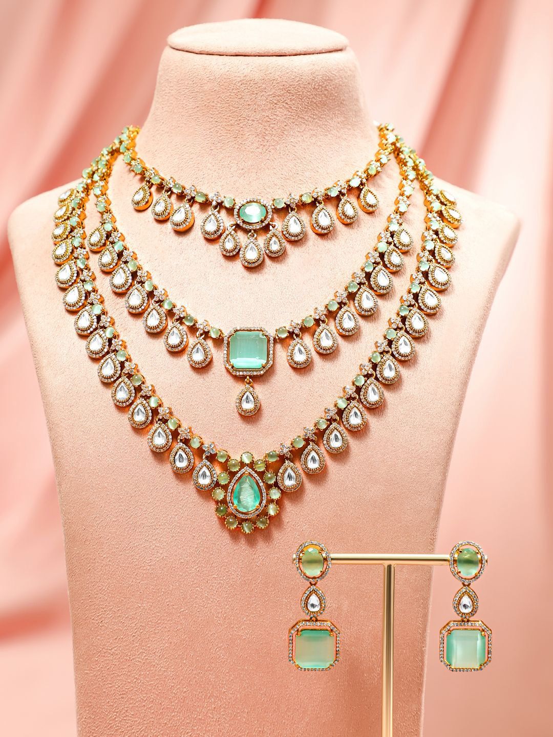 Dhiyona RJ Women's 24K Gold-Plated Pastel Green & AAA Cubic Zirconia Multi-Layer Bridal Necklace Set