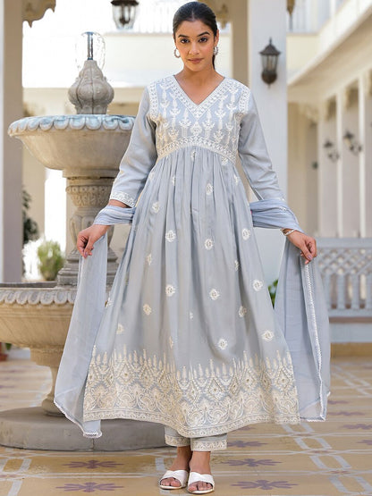 Dhiyona VA Women'sEthnic Motifs Embroidered Empire Anarkali Kurta with Trouser & Dupatta