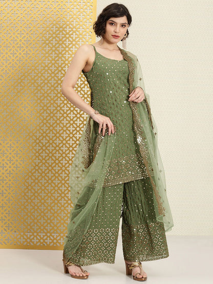 Dhiyona PD Women Women Green Mirror Work Jashn Kurta with Palazzos & With Dupatta