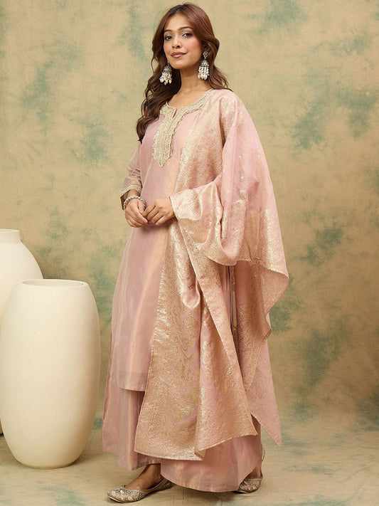 Dhiyona VA Women'sEthnic Motifs Yoke Design Notch Neck Straight Kurta With Palazzos & Dupatta