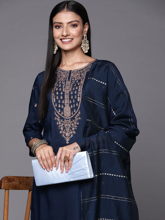 Dhiyona VA Women's Navy Blue & Golden Ethnic Motifs Embroidered Kurta with Trousers & Dupatta