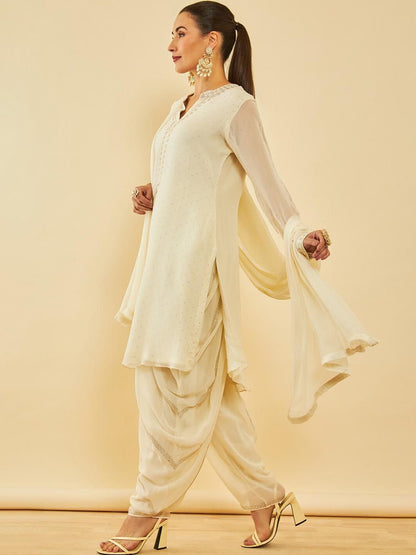 Dhiyona SO Women's Floral Printed Regular Beads and Stones Kurta with Dhoti Pant & With Dupatta