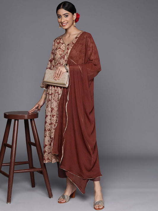 Dhiyona VA Women'sFloral Printed Empire Sequinned Pure Cotton Kurta With Trousers & Dupatta