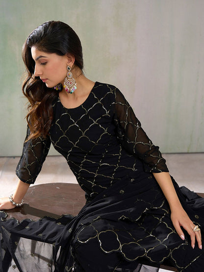 Dhiyona CH Floral Embroidered Sequinned Georgette Straight Kurta With Sharara & Dupatta