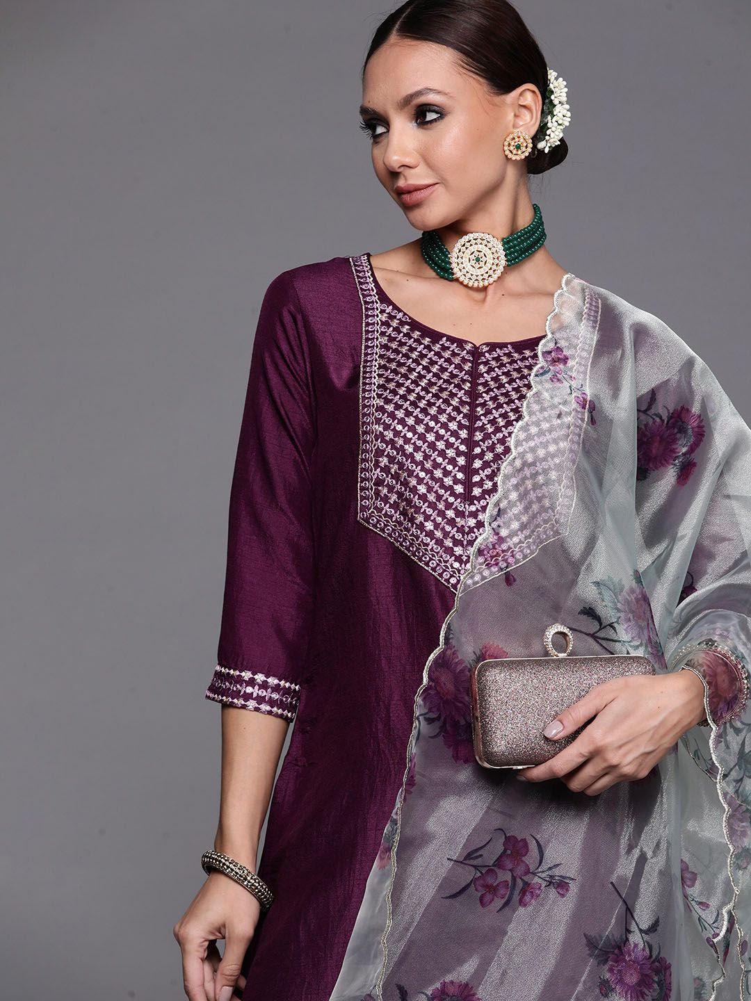 Floral Yoke Design Kurta With Trousers & Dupatta