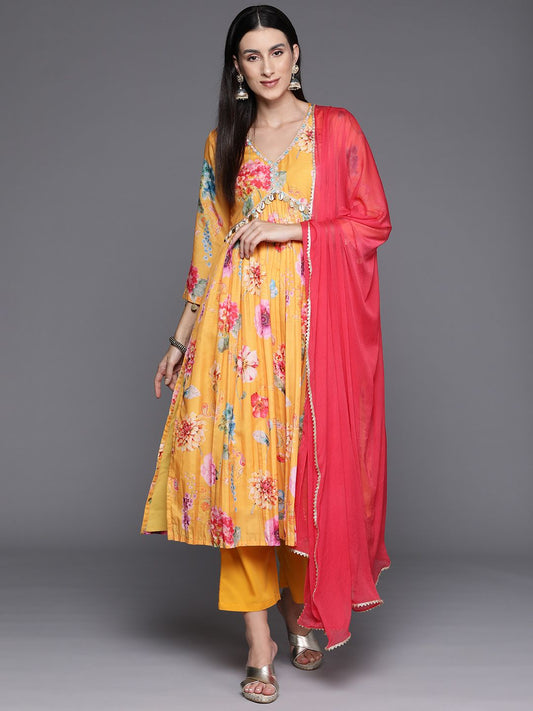 Dhiyona VA Women's Floral Printed Empire Beads and Stones Kurta with Trousers & With Dupatta