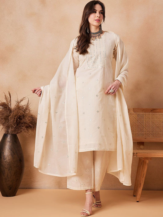 Dhiyona PD Women Floral Embroidered Pure Cotton Straight Kurta With Trouser & Dupatta
