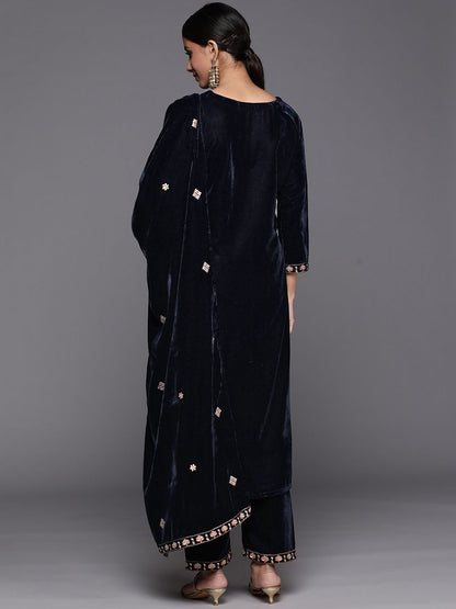 Dhiyona VA Women'sZari Embroidered velvet Kurta with Trouser and Dupatta