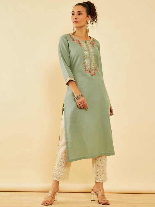 Dhiyona SO Women's Floral Yoke Design Regular Thread Work Kurta with Palazzos