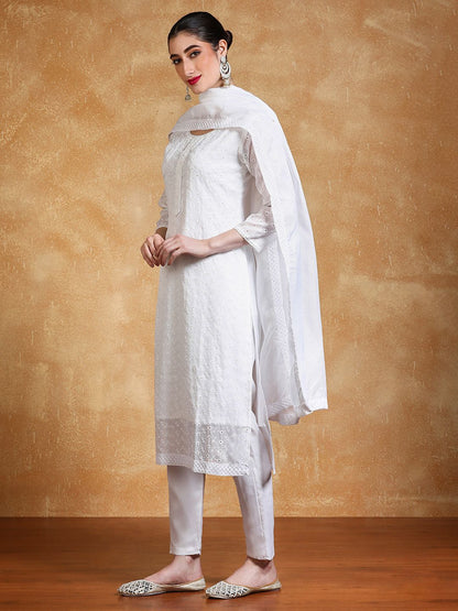 Dhiyona VA Women's Floral Embroidered Kurta with Trousers & Dupatta